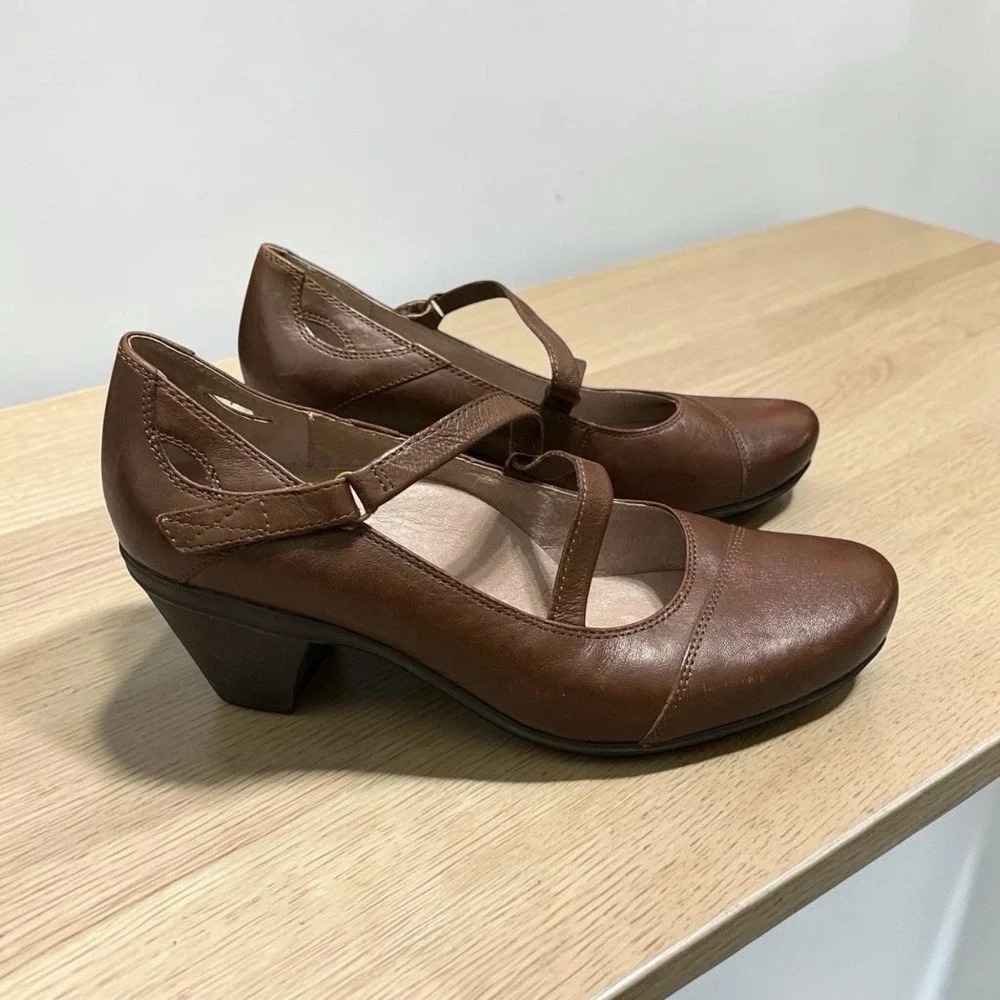 Abeo Mary Jane Pumps 9N EU 39.5 Brown Leather Cross Strap Retro Academia Office